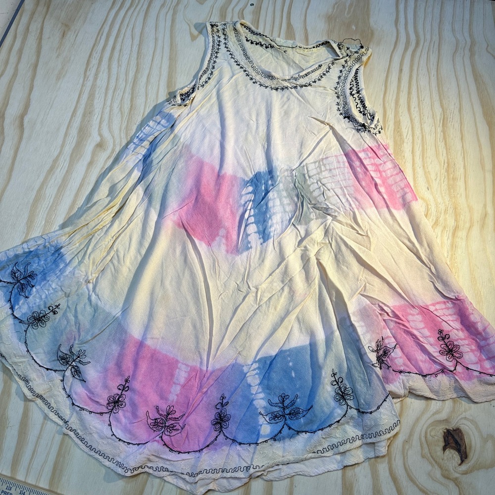 Womens Boho Tie Dye Embroidered Sleeveless Tunic Top Pink Blue Floral Size M